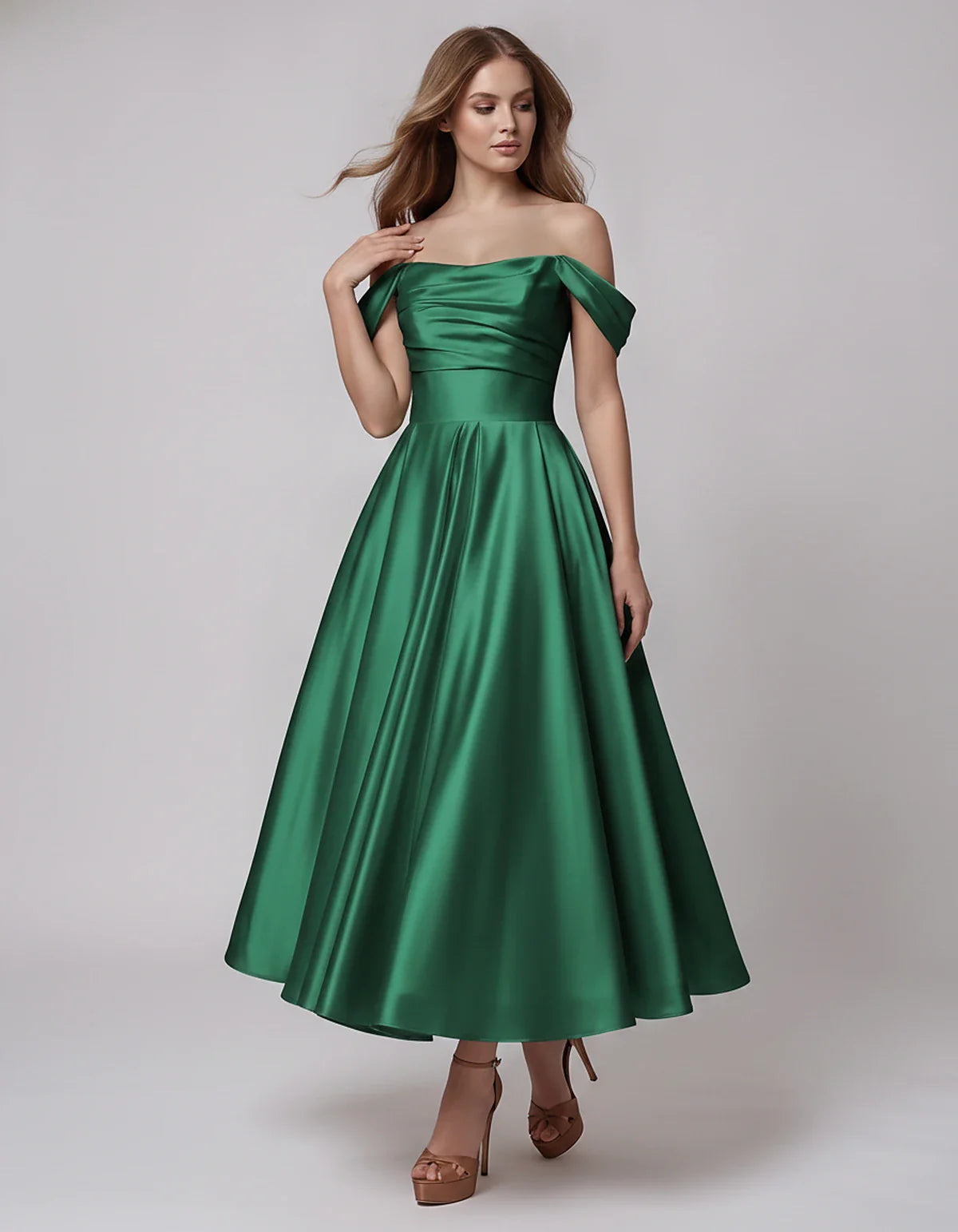 Satin Off Shoulder A-Line Midi Dress with Short Sleeves for Party, Cocktail, Evening, Wedding Guest, Summer Events and Formal | SKU: VM-582947163829405-GREEN-L,VM-582947163829405-GREEN-M,VM-582947163829405-GREEN-S,VM-582947163829405-GREEN-XL,VM-582947163829405-GREEN-XS