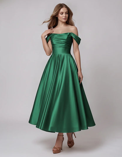 Satin Off Shoulder A-Line Midi Dress with Short Sleeves for Party, Cocktail, Evening, Wedding Guest, Summer Events and Formal | SKU: VM-582947163829405-GREEN-L,VM-582947163829405-GREEN-M,VM-582947163829405-GREEN-S,VM-582947163829405-GREEN-XL,VM-582947163829405-GREEN-XS