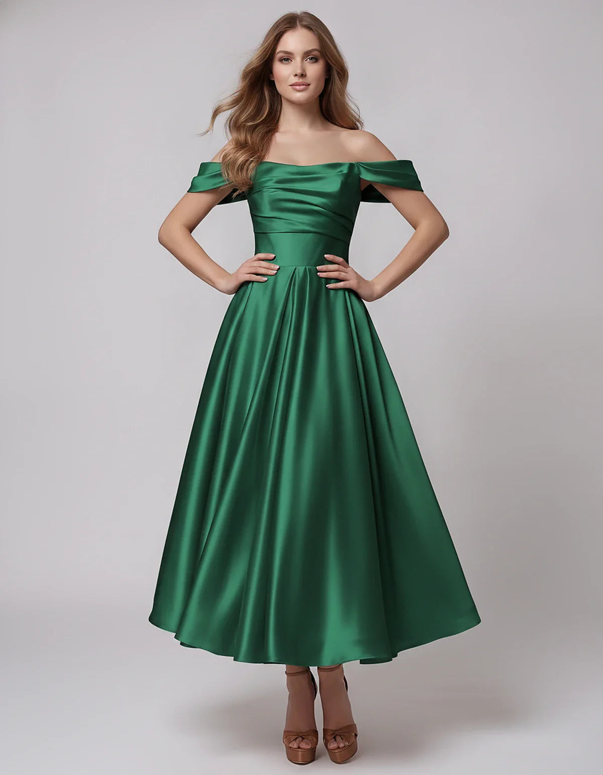Satin Off Shoulder A-Line Midi Dress with Short Sleeves for Party, Cocktail, Evening, Wedding Guest, Summer Events and Formal | SKU: VM-582947163829405-GREEN-L,VM-582947163829405-GREEN-M,VM-582947163829405-GREEN-S,VM-582947163829405-GREEN-XL,VM-582947163829405-GREEN-XS