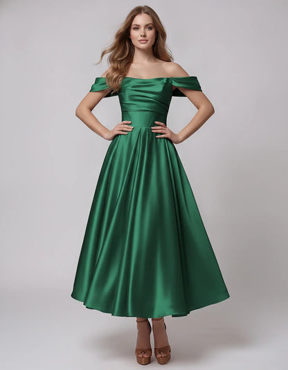 Satin Off Shoulder A-Line Midi Dress with Short Sleeves for Party, Cocktail, Evening, Wedding Guest, Summer Events and Formal | SKU: VM-582947163829405-GREEN-L,VM-582947163829405-GREEN-M,VM-582947163829405-GREEN-S,VM-582947163829405-GREEN-XL,VM-582947163829405-GREEN-XS