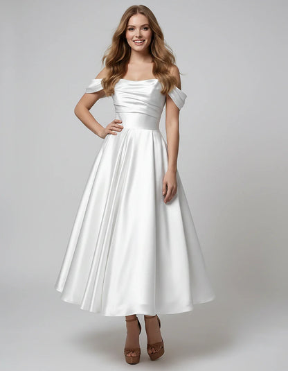 Satin Off Shoulder A-Line Midi Dress with Short Sleeves for Party, Cocktail, Evening, Wedding Guest, Summer Events and Formal | SKU: VM-582947163829405-WHITE-L,VM-582947163829405-WHITE-M,VM-582947163829405-WHITE-S,VM-582947163829405-WHITE-XL,VM-582947163829405-WHITE-XS