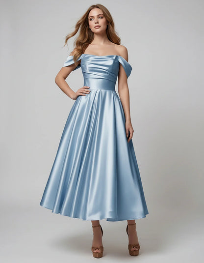 Satin Off Shoulder A-Line Midi Dress with Short Sleeves for Party, Cocktail, Evening, Wedding Guest, Summer Events and Formal | SKU: VM-582947163829405-DUSTYBLUE-L,VM-582947163829405-DUSTYBLUE-M,VM-582947163829405-DUSTYBLUE-S,VM-582947163829405-DUSTYBLUE-XL,VM-582947163829405-DUSTYBLUE-XS