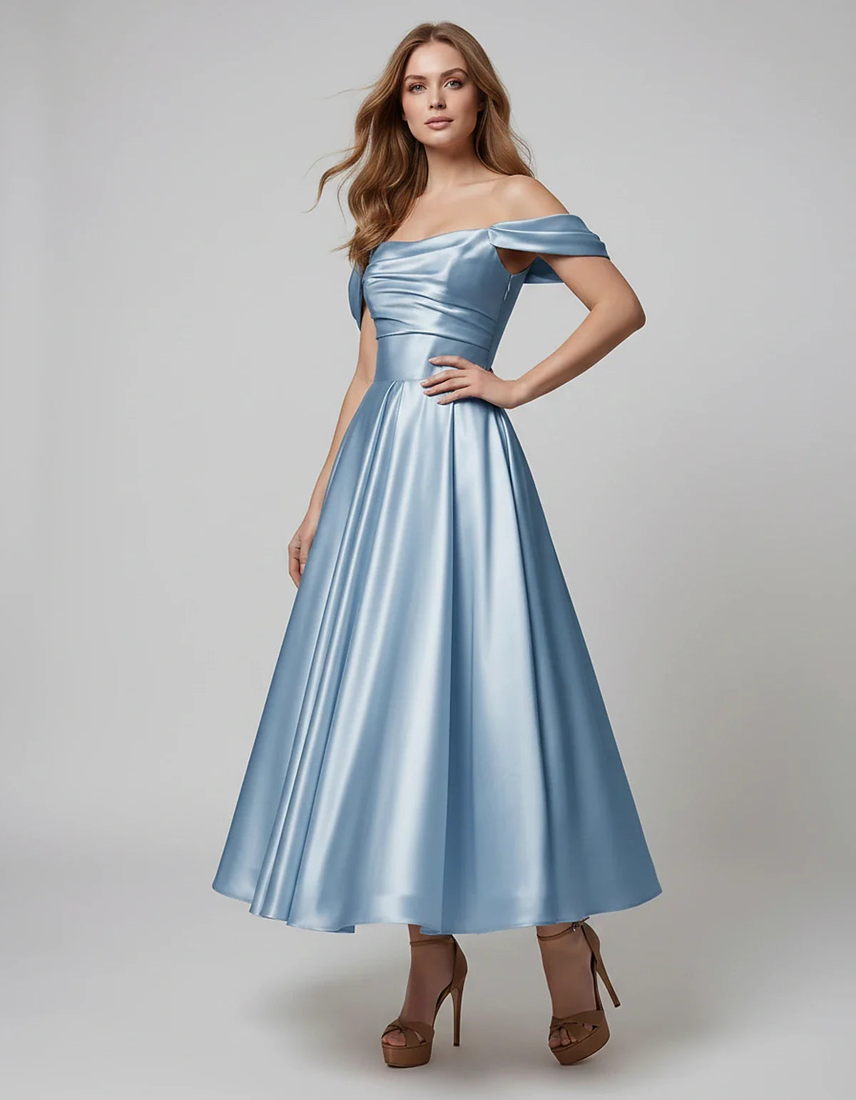 Satin Off Shoulder A-Line Midi Dress with Short Sleeves for Party, Cocktail, Evening, Wedding Guest, Summer Events and Formal | SKU: VM-582947163829405-DUSTYBLUE-L,VM-582947163829405-DUSTYBLUE-M,VM-582947163829405-DUSTYBLUE-S,VM-582947163829405-DUSTYBLUE-XL,VM-582947163829405-DUSTYBLUE-XS