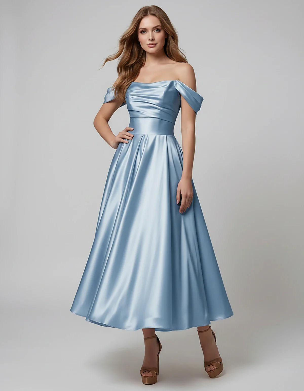 Satin Off Shoulder A-Line Midi Dress with Short Sleeves for Party, Cocktail, Evening, Wedding Guest, Summer Events and Formal | SKU: VM-582947163829405-DUSTYBLUE-L,VM-582947163829405-DUSTYBLUE-M,VM-582947163829405-DUSTYBLUE-S,VM-582947163829405-DUSTYBLUE-XL,VM-582947163829405-DUSTYBLUE-XS