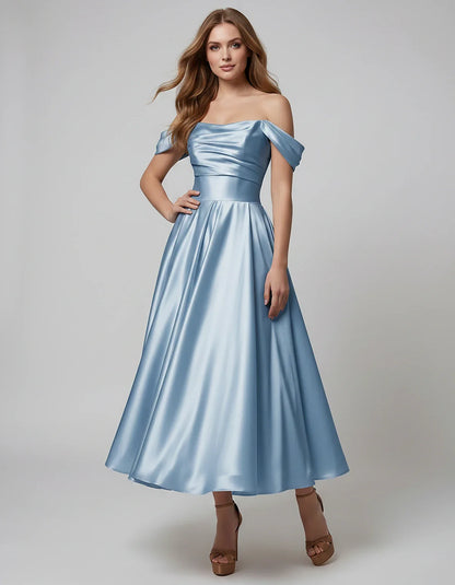 Satin Off Shoulder A-Line Midi Dress with Short Sleeves for Party, Cocktail, Evening, Wedding Guest, Summer Events and Formal | SKU: VM-582947163829405-DUSTYBLUE-L,VM-582947163829405-DUSTYBLUE-M,VM-582947163829405-DUSTYBLUE-S,VM-582947163829405-DUSTYBLUE-XL,VM-582947163829405-DUSTYBLUE-XS