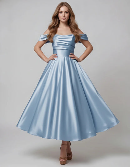 Satin Off Shoulder A-Line Midi Dress with Short Sleeves for Party, Cocktail, Evening, Wedding Guest, Summer Events and Formal | SKU: VM-582947163829405-DUSTYBLUE-L,VM-582947163829405-DUSTYBLUE-M,VM-582947163829405-DUSTYBLUE-S,VM-582947163829405-DUSTYBLUE-XL,VM-582947163829405-DUSTYBLUE-XS