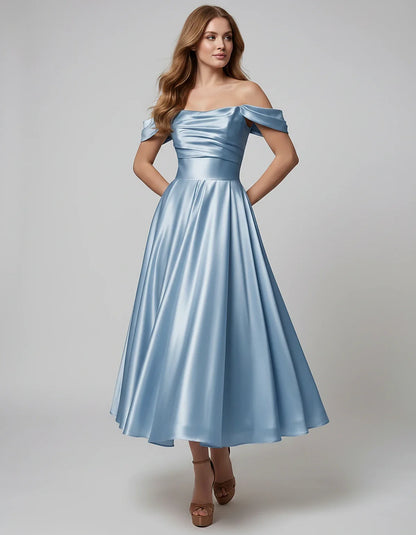 Satin Off Shoulder A-Line Midi Dress with Short Sleeves for Party, Cocktail, Evening, Wedding Guest, Summer Events and Formal | SKU: VM-582947163829405-DUSTYBLUE-L,VM-582947163829405-DUSTYBLUE-M,VM-582947163829405-DUSTYBLUE-S,VM-582947163829405-DUSTYBLUE-XL,VM-582947163829405-DUSTYBLUE-XS