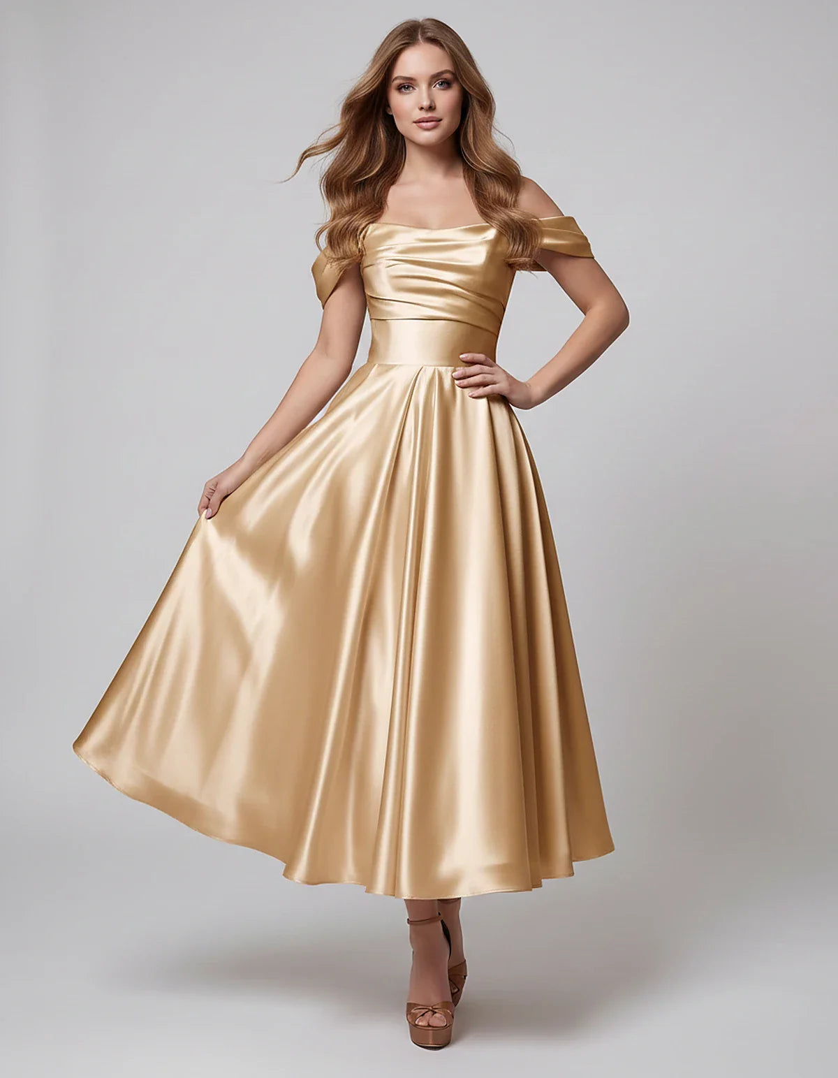 Satin Off Shoulder A-Line Midi Dress with Short Sleeves for Party, Cocktail, Evening, Wedding Guest, Summer Events and Formal | SKU: VM-582947163829405-GOLD-L,VM-582947163829405-GOLD-M,VM-582947163829405-GOLD-S,VM-582947163829405-GOLD-XL,VM-582947163829405-GOLD-XS