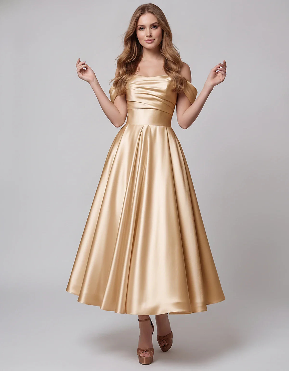 Satin Off Shoulder A-Line Midi Dress with Short Sleeves for Party, Cocktail, Evening, Wedding Guest, Summer Events and Formal | SKU: VM-582947163829405-GOLD-L,VM-582947163829405-GOLD-M,VM-582947163829405-GOLD-S,VM-582947163829405-GOLD-XL,VM-582947163829405-GOLD-XS