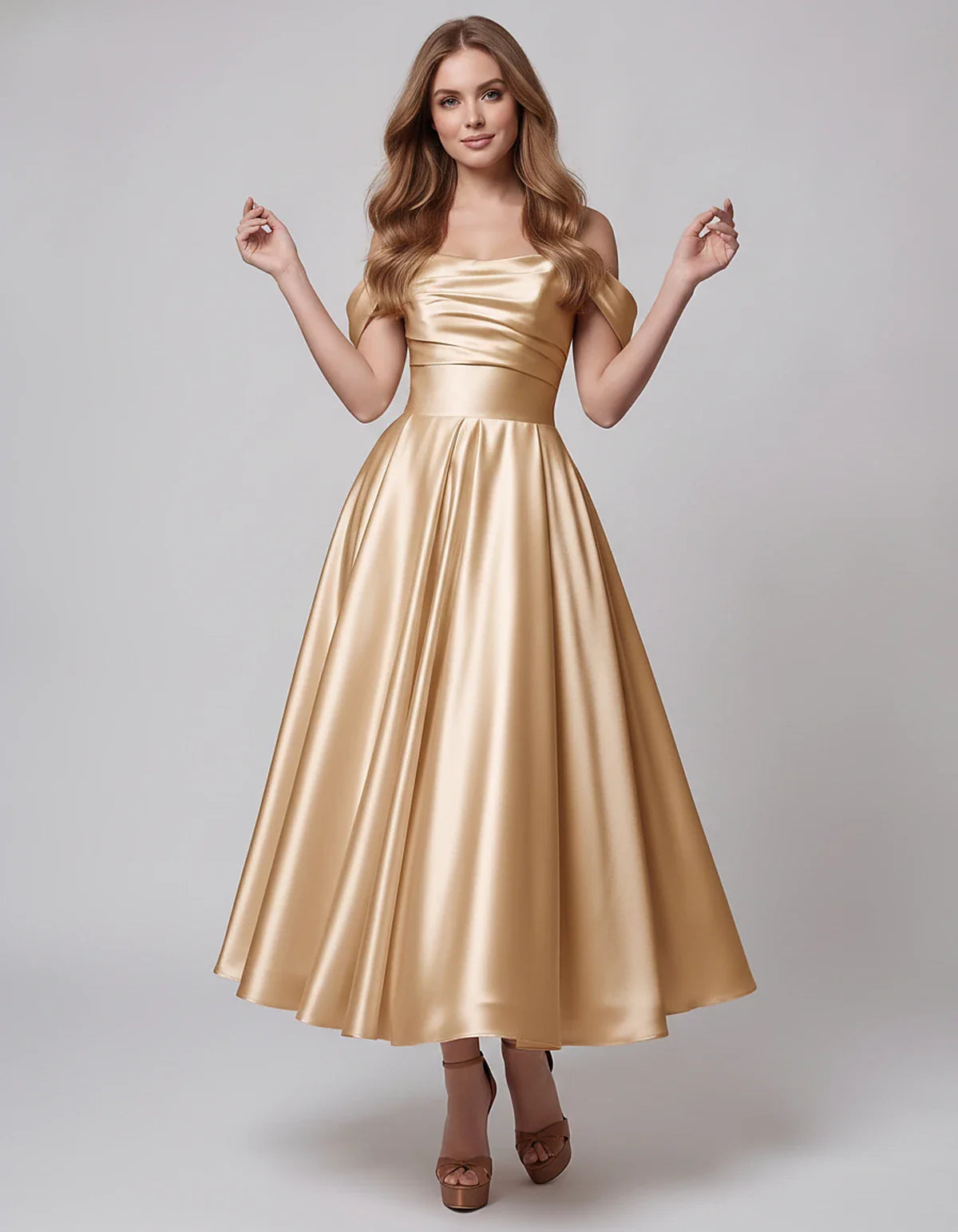 Satin Off Shoulder A-Line Midi Dress with Short Sleeves for Party, Cocktail, Evening, Wedding Guest, Summer Events and Formal | SKU: VM-582947163829405-GOLD-L,VM-582947163829405-GOLD-M,VM-582947163829405-GOLD-S,VM-582947163829405-GOLD-XL,VM-582947163829405-GOLD-XS
