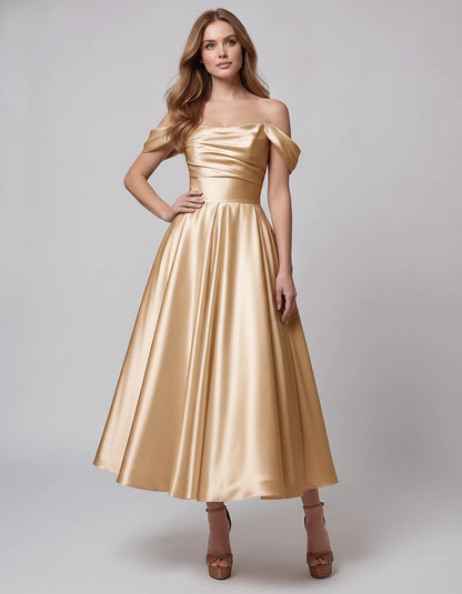 Satin Off Shoulder A-Line Midi Dress with Short Sleeves for Party, Cocktail, Evening, Wedding Guest, Summer Events and Formal | SKU: VM-582947163829405-GOLD-L,VM-582947163829405-GOLD-M,VM-582947163829405-GOLD-S,VM-582947163829405-GOLD-XL,VM-582947163829405-GOLD-XS