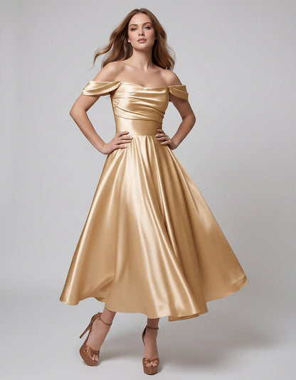 Satin Off Shoulder A-Line Midi Dress with Short Sleeves for Party, Cocktail, Evening, Wedding Guest, Summer Events and Formal | SKU: VM-582947163829405-GOLD-L,VM-582947163829405-GOLD-M,VM-582947163829405-GOLD-S,VM-582947163829405-GOLD-XL,VM-582947163829405-GOLD-XS