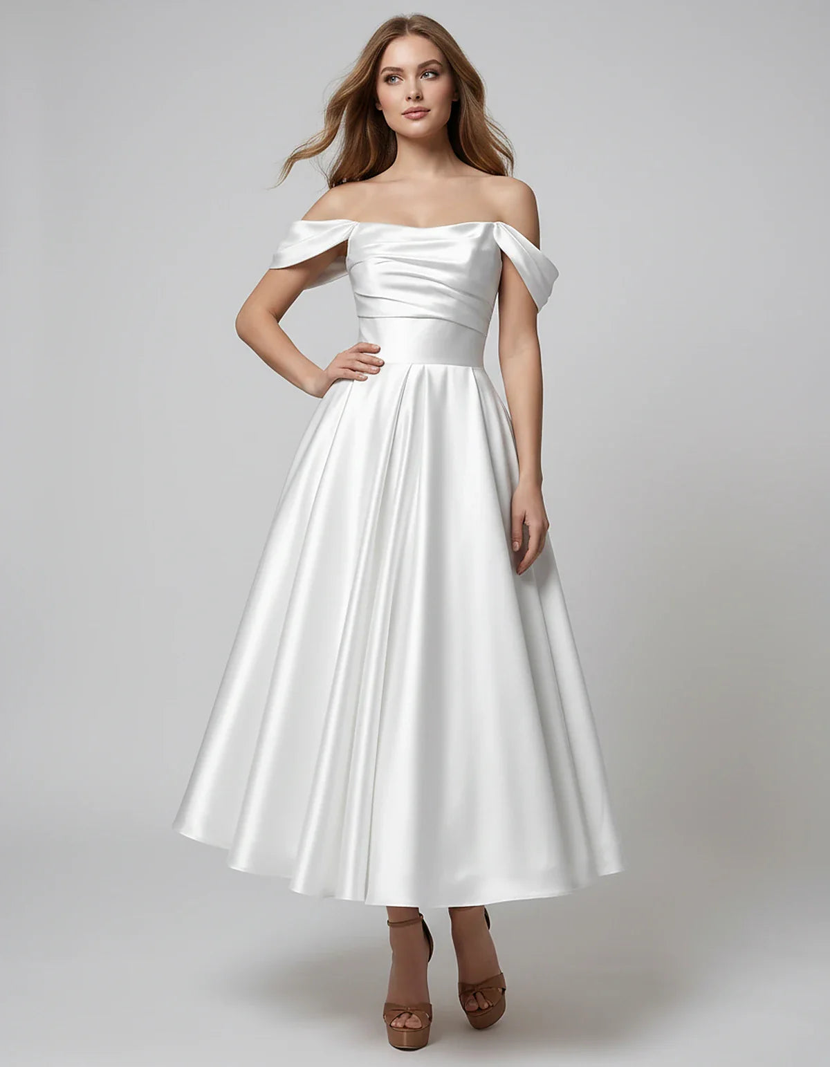 Satin Off Shoulder A-Line Midi Dress with Short Sleeves for Party, Cocktail, Evening, Wedding Guest, Summer Events and Formal | SKU: VM-582947163829405-WHITE-L,VM-582947163829405-WHITE-M,VM-582947163829405-WHITE-S,VM-582947163829405-WHITE-XL,VM-582947163829405-WHITE-XS