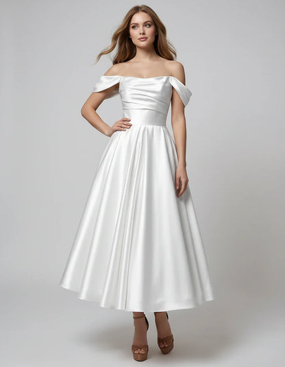 Satin Off Shoulder A-Line Midi Dress with Short Sleeves for Party, Cocktail, Evening, Wedding Guest, Summer Events and Formal | SKU: VM-582947163829405-WHITE-L,VM-582947163829405-WHITE-M,VM-582947163829405-WHITE-S,VM-582947163829405-WHITE-XL,VM-582947163829405-WHITE-XS