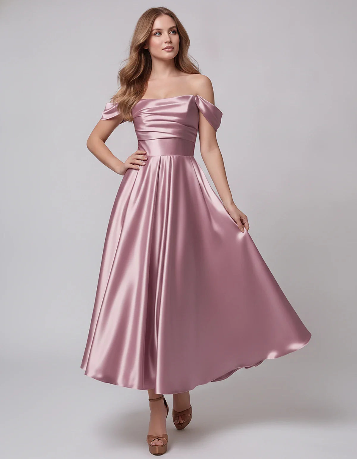 Satin Off Shoulder A-Line Midi Dress with Short Sleeves for Party, Cocktail, Evening, Wedding Guest, Summer Events and Formal | SKU: VM-582947163829405-DUSTYPINK-L,VM-582947163829405-DUSTYPINK-M,VM-582947163829405-DUSTYPINK-S,VM-582947163829405-DUSTYPINK-XL,VM-582947163829405-DUSTYPINK-XS