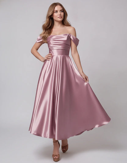Satin Off Shoulder A-Line Midi Dress with Short Sleeves for Party, Cocktail, Evening, Wedding Guest, Summer Events and Formal | SKU: VM-582947163829405-DUSTYPINK-L,VM-582947163829405-DUSTYPINK-M,VM-582947163829405-DUSTYPINK-S,VM-582947163829405-DUSTYPINK-XL,VM-582947163829405-DUSTYPINK-XS