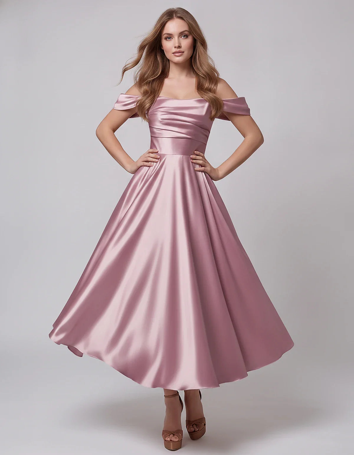 Satin Off Shoulder A-Line Midi Dress with Short Sleeves for Party, Cocktail, Evening, Wedding Guest, Summer Events and Formal | SKU: VM-582947163829405-DUSTYPINK-L,VM-582947163829405-DUSTYPINK-M,VM-582947163829405-DUSTYPINK-S,VM-582947163829405-DUSTYPINK-XL,VM-582947163829405-DUSTYPINK-XS
