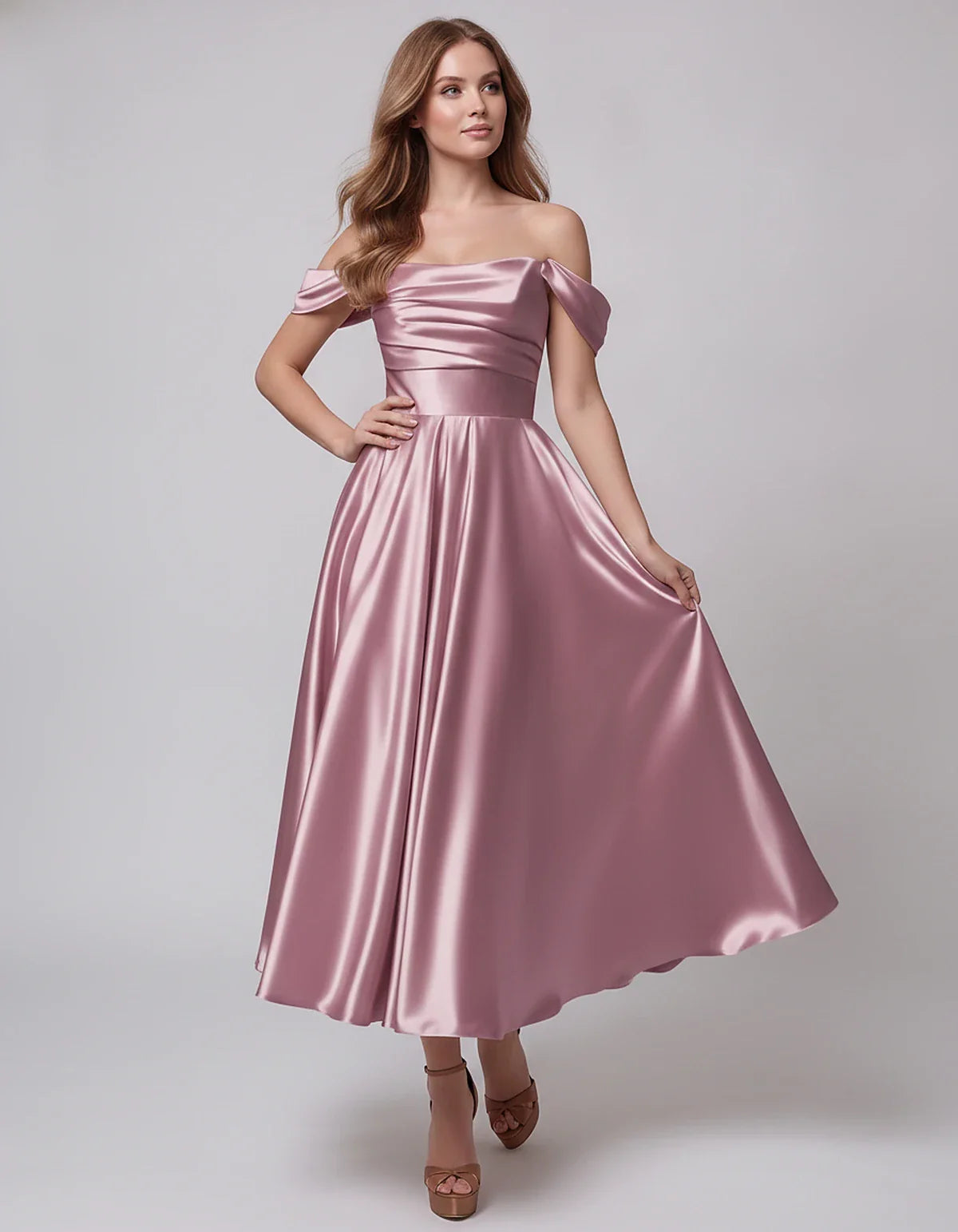 Satin Off Shoulder A-Line Midi Dress with Short Sleeves for Party, Cocktail, Evening, Wedding Guest, Summer Events and Formal | SKU: VM-582947163829405-DUSTYPINK-L,VM-582947163829405-DUSTYPINK-M,VM-582947163829405-DUSTYPINK-S,VM-582947163829405-DUSTYPINK-XL,VM-582947163829405-DUSTYPINK-XS