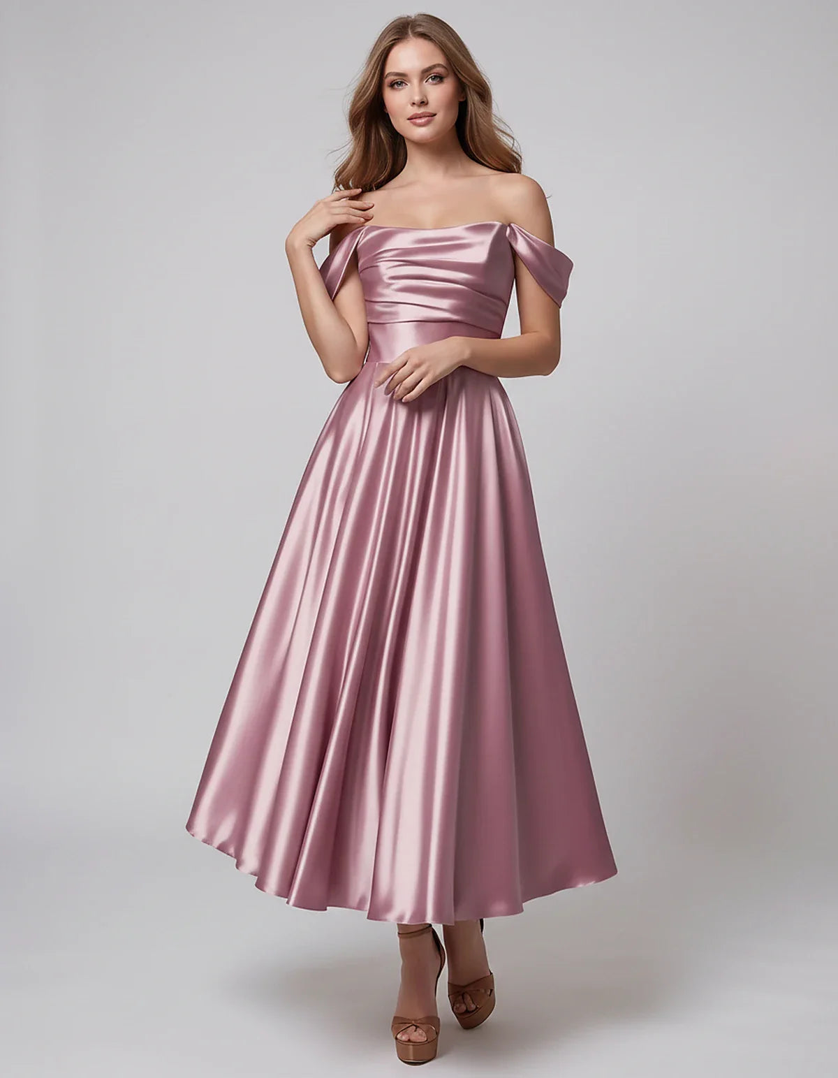 Satin Off Shoulder A-Line Midi Dress with Short Sleeves for Party, Cocktail, Evening, Wedding Guest, Summer Events and Formal | SKU: VM-582947163829405-DUSTYPINK-L,VM-582947163829405-DUSTYPINK-M,VM-582947163829405-DUSTYPINK-S,VM-582947163829405-DUSTYPINK-XL,VM-582947163829405-DUSTYPINK-XS