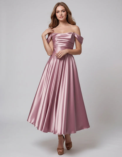 Satin Off Shoulder A-Line Midi Dress with Short Sleeves for Party, Cocktail, Evening, Wedding Guest, Summer Events and Formal | SKU: VM-582947163829405-DUSTYPINK-L,VM-582947163829405-DUSTYPINK-M,VM-582947163829405-DUSTYPINK-S,VM-582947163829405-DUSTYPINK-XL,VM-582947163829405-DUSTYPINK-XS
