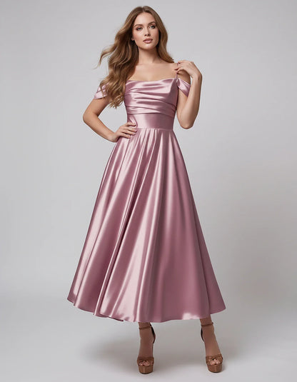 Satin Off Shoulder A-Line Midi Dress with Short Sleeves for Party, Cocktail, Evening, Wedding Guest, Summer Events and Formal | SKU: VM-582947163829405-DUSTYPINK-L,VM-582947163829405-DUSTYPINK-M,VM-582947163829405-DUSTYPINK-S,VM-582947163829405-DUSTYPINK-XL,VM-582947163829405-DUSTYPINK-XS
