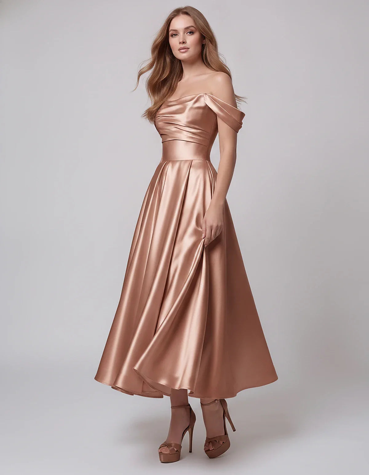 Satin Off Shoulder A-Line Midi Dress with Short Sleeves for Party, Cocktail, Evening, Wedding Guest, Summer Events and Formal | SKU: VM-582947163829405-DUSTYROSE-L,VM-582947163829405-DUSTYROSE-M,VM-582947163829405-DUSTYROSE-S,VM-582947163829405-DUSTYROSE-XL,VM-582947163829405-DUSTYROSE-XS