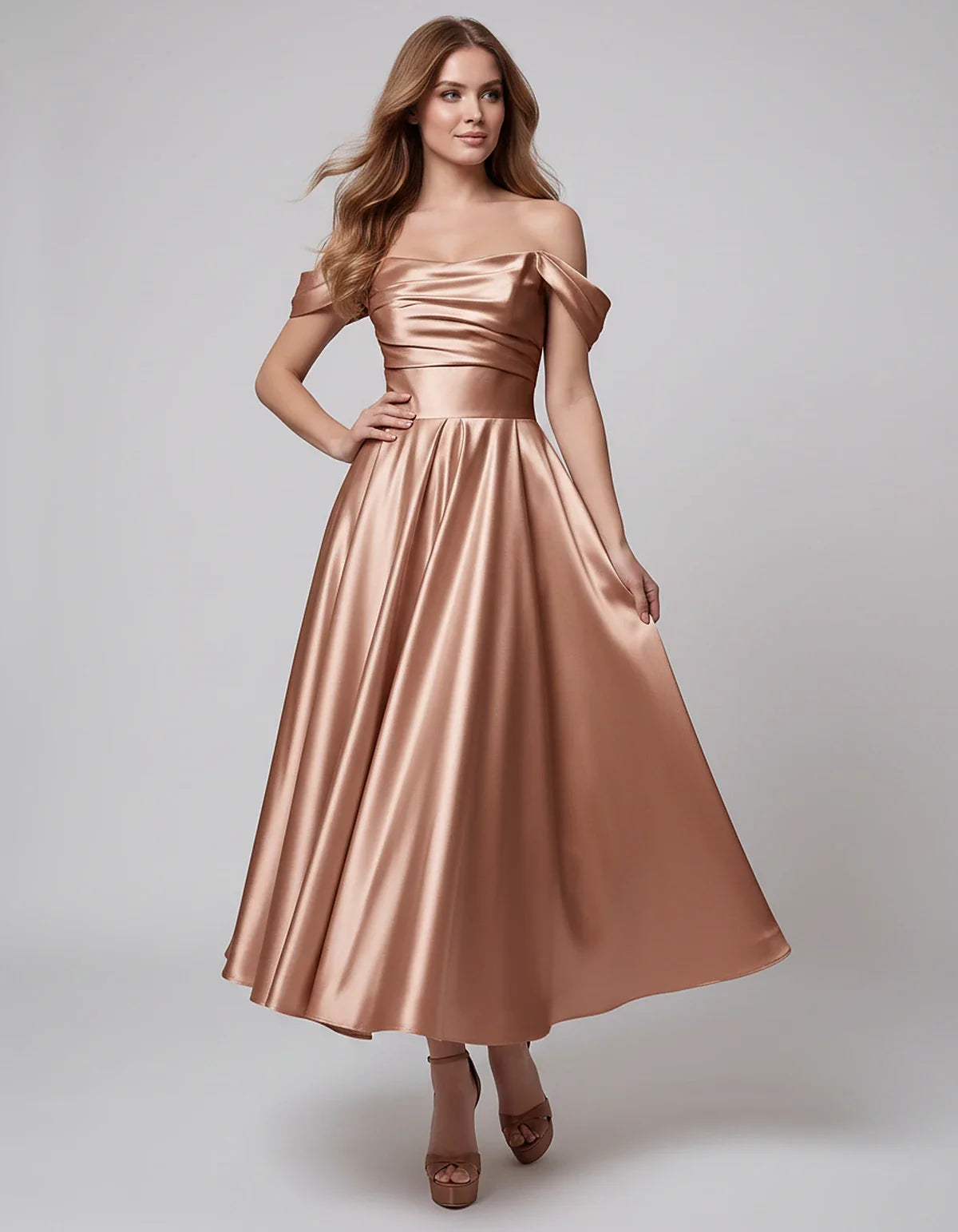 Satin Off Shoulder A-Line Midi Dress with Short Sleeves for Party, Cocktail, Evening, Wedding Guest, Summer Events and Formal | SKU: VM-582947163829405-DUSTYROSE-L,VM-582947163829405-DUSTYROSE-M,VM-582947163829405-DUSTYROSE-S,VM-582947163829405-DUSTYROSE-XL,VM-582947163829405-DUSTYROSE-XS