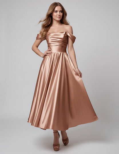 Satin Off Shoulder A-Line Midi Dress with Short Sleeves for Party, Cocktail, Evening, Wedding Guest, Summer Events and Formal | SKU: VM-582947163829405-DUSTYROSE-L,VM-582947163829405-DUSTYROSE-M,VM-582947163829405-DUSTYROSE-S,VM-582947163829405-DUSTYROSE-XL,VM-582947163829405-DUSTYROSE-XS