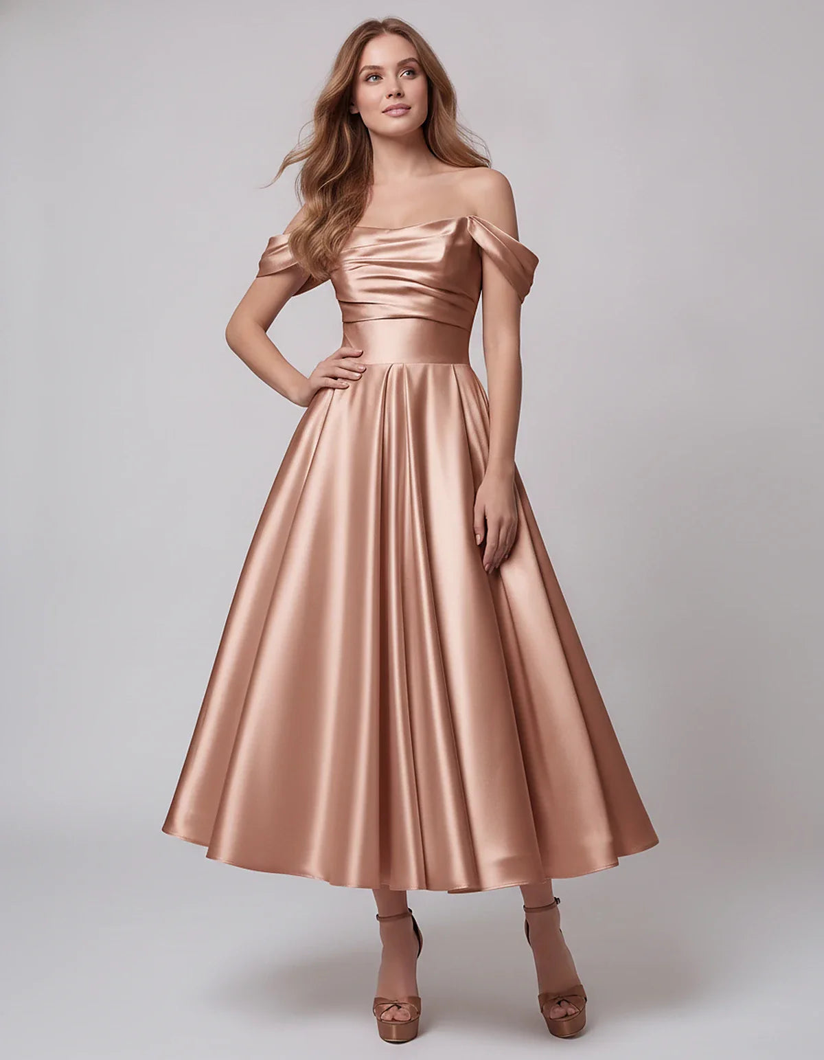 Satin Off Shoulder A-Line Midi Dress with Short Sleeves for Party, Cocktail, Evening, Wedding Guest, Summer Events and Formal | SKU: VM-582947163829405-DUSTYROSE-L,VM-582947163829405-DUSTYROSE-M,VM-582947163829405-DUSTYROSE-S,VM-582947163829405-DUSTYROSE-XL,VM-582947163829405-DUSTYROSE-XS