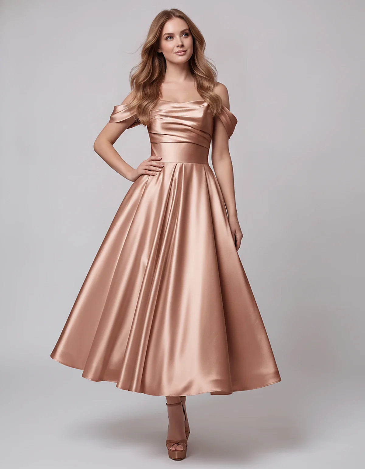 Satin Off Shoulder A-Line Midi Dress with Short Sleeves for Party, Cocktail, Evening, Wedding Guest, Summer Events and Formal | SKU: VM-582947163829405-DUSTYROSE-L,VM-582947163829405-DUSTYROSE-M,VM-582947163829405-DUSTYROSE-S,VM-582947163829405-DUSTYROSE-XL,VM-582947163829405-DUSTYROSE-XS