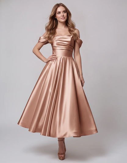Satin Off Shoulder A-Line Midi Dress with Short Sleeves for Party, Cocktail, Evening, Wedding Guest, Summer Events and Formal | SKU: VM-582947163829405-DUSTYROSE-L,VM-582947163829405-DUSTYROSE-M,VM-582947163829405-DUSTYROSE-S,VM-582947163829405-DUSTYROSE-XL,VM-582947163829405-DUSTYROSE-XS
