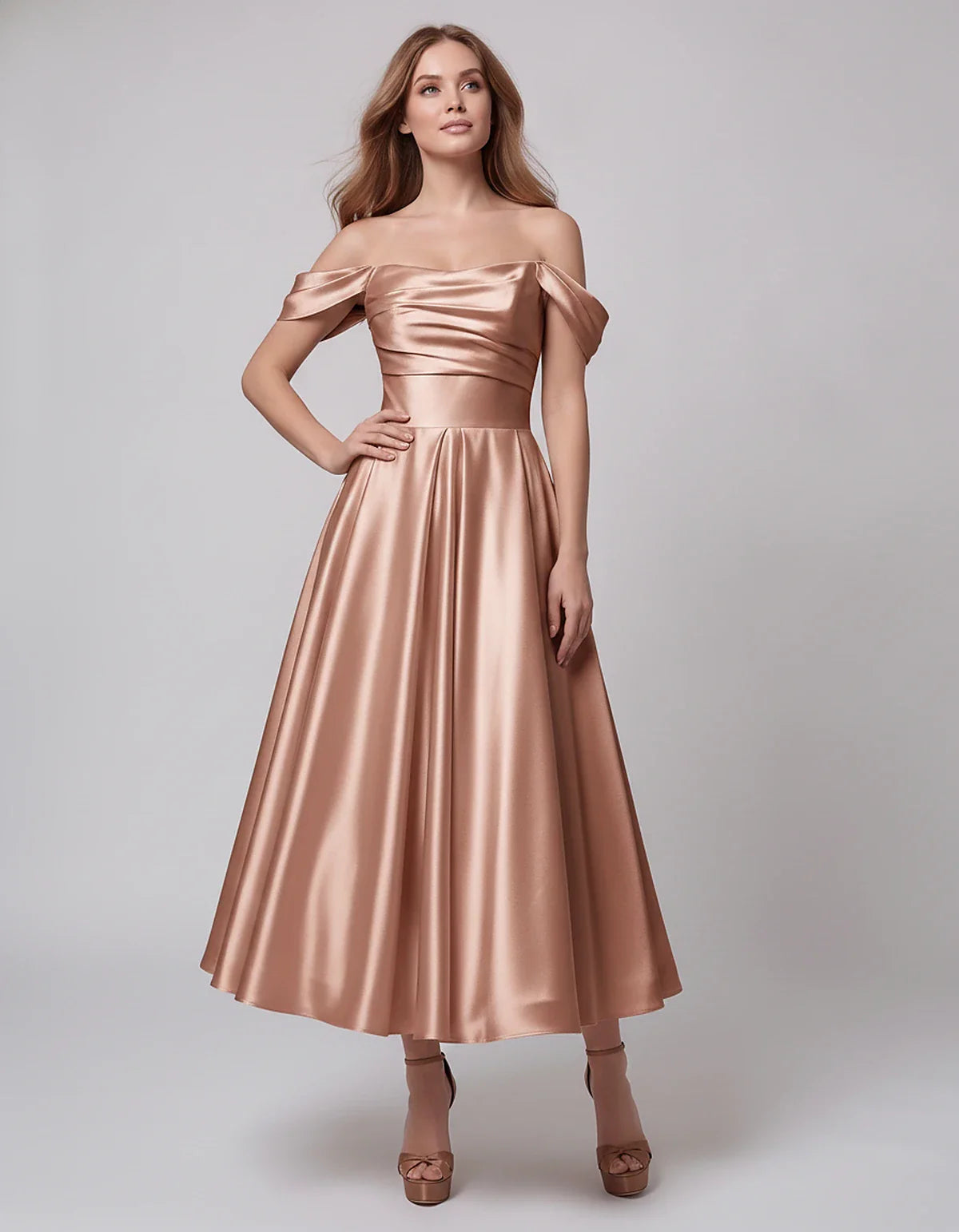 Satin Off Shoulder A-Line Midi Dress with Short Sleeves for Party, Cocktail, Evening, Wedding Guest, Summer Events and Formal | SKU: VM-582947163829405-DUSTYROSE-L,VM-582947163829405-DUSTYROSE-M,VM-582947163829405-DUSTYROSE-S,VM-582947163829405-DUSTYROSE-XL,VM-582947163829405-DUSTYROSE-XS