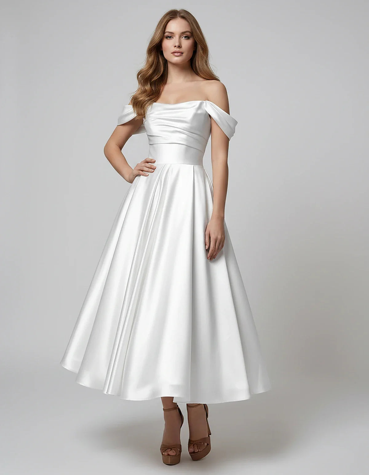 Satin Off Shoulder A-Line Midi Dress with Short Sleeves for Party, Cocktail, Evening, Wedding Guest, Summer Events and Formal | SKU: VM-582947163829405-WHITE-L,VM-582947163829405-WHITE-M,VM-582947163829405-WHITE-S,VM-582947163829405-WHITE-XL,VM-582947163829405-WHITE-XS