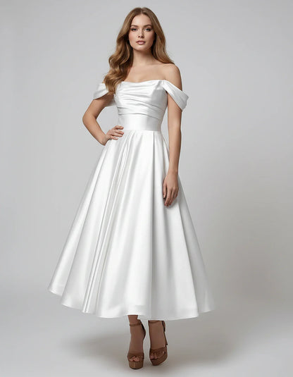 Satin Off Shoulder A-Line Midi Dress with Short Sleeves for Party, Cocktail, Evening, Wedding Guest, Summer Events and Formal | SKU: VM-582947163829405-WHITE-L,VM-582947163829405-WHITE-M,VM-582947163829405-WHITE-S,VM-582947163829405-WHITE-XL,VM-582947163829405-WHITE-XS