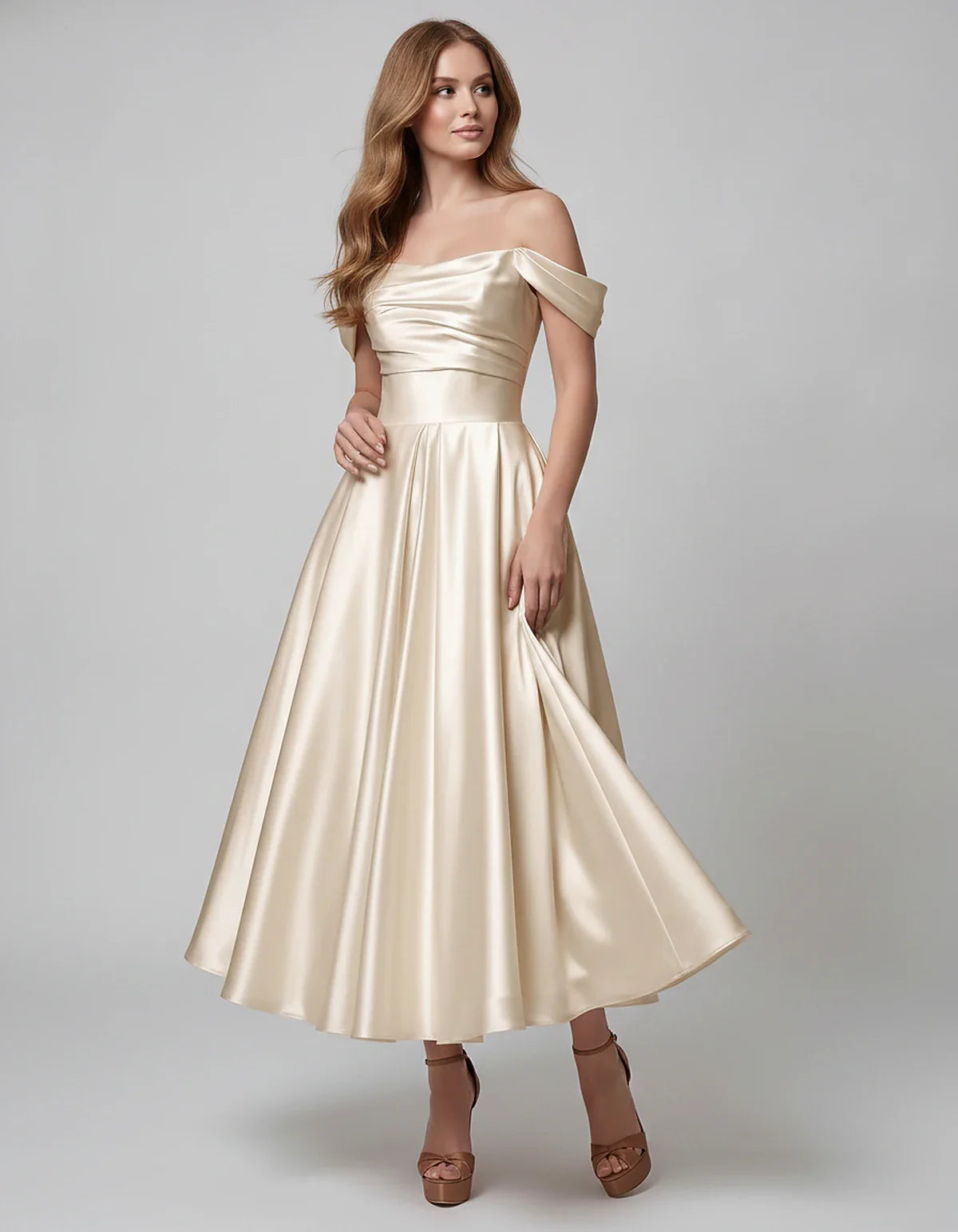 Satin Off Shoulder A-Line Midi Dress with Short Sleeves for Party, Cocktail, Evening, Wedding Guest, Summer Events and Formal | SKU: VM-582947163829405-IVORY-L,VM-582947163829405-IVORY-M,VM-582947163829405-IVORY-S,VM-582947163829405-IVORY-XL,VM-582947163829405-IVORY-XS