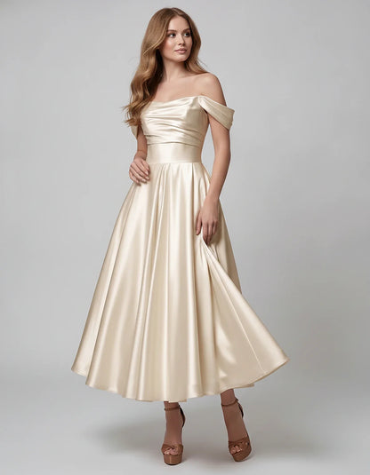 Satin Off Shoulder A-Line Midi Dress with Short Sleeves for Party, Cocktail, Evening, Wedding Guest, Summer Events and Formal | SKU: VM-582947163829405-IVORY-L,VM-582947163829405-IVORY-M,VM-582947163829405-IVORY-S,VM-582947163829405-IVORY-XL,VM-582947163829405-IVORY-XS