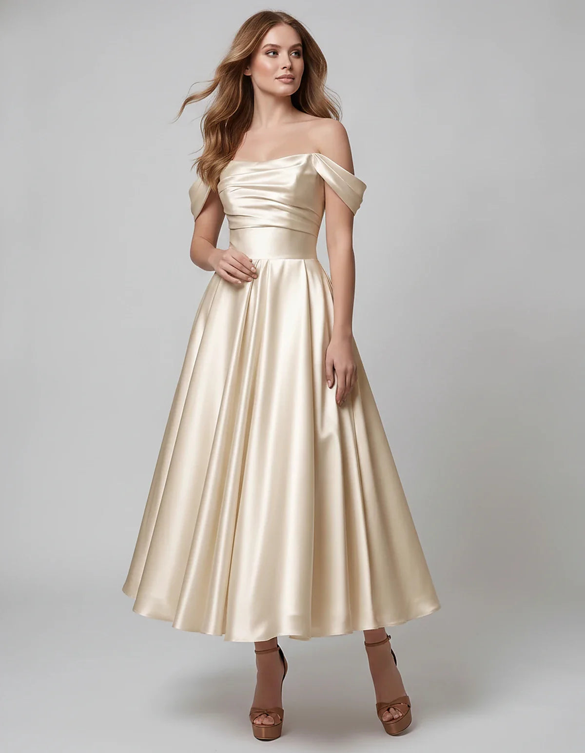 Satin Off Shoulder A-Line Midi Dress with Short Sleeves for Party, Cocktail, Evening, Wedding Guest, Summer Events and Formal | SKU: VM-582947163829405-IVORY-L,VM-582947163829405-IVORY-M,VM-582947163829405-IVORY-S,VM-582947163829405-IVORY-XL,VM-582947163829405-IVORY-XS