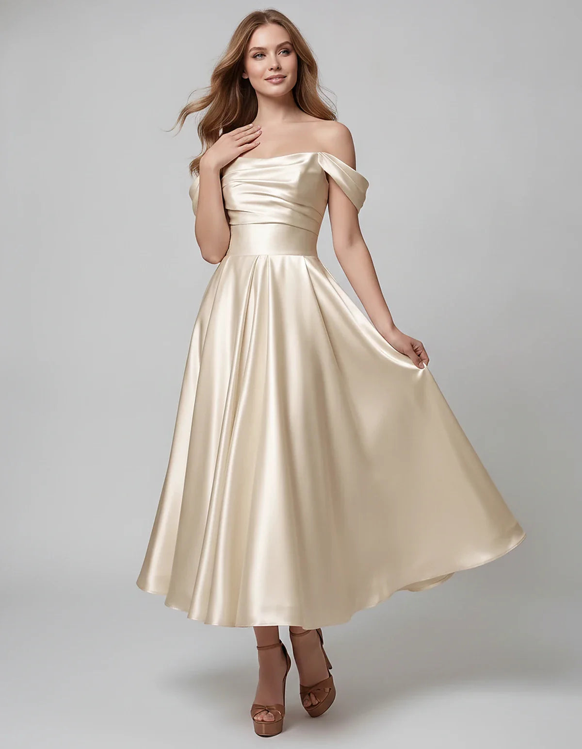 Satin Off Shoulder A-Line Midi Dress with Short Sleeves for Party, Cocktail, Evening, Wedding Guest, Summer Events and Formal | SKU: VM-582947163829405-IVORY-L,VM-582947163829405-IVORY-M,VM-582947163829405-IVORY-S,VM-582947163829405-IVORY-XL,VM-582947163829405-IVORY-XS