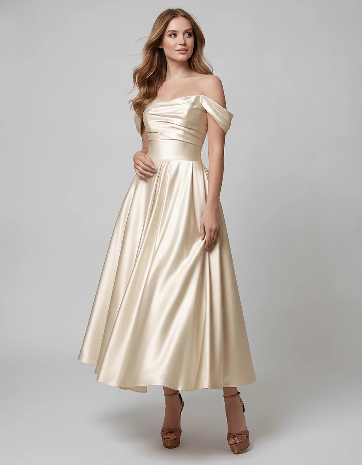 Satin Off Shoulder A-Line Midi Dress with Short Sleeves for Party, Cocktail, Evening, Wedding Guest, Summer Events and Formal | SKU: VM-582947163829405-IVORY-L,VM-582947163829405-IVORY-M,VM-582947163829405-IVORY-S,VM-582947163829405-IVORY-XL,VM-582947163829405-IVORY-XS