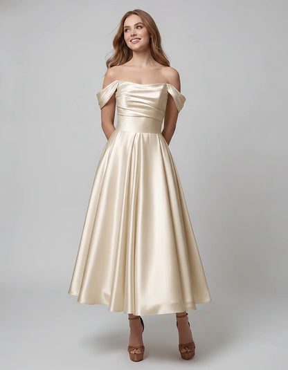 Satin Off Shoulder A-Line Midi Dress with Short Sleeves for Party, Cocktail, Evening, Wedding Guest, Summer Events and Formal | SKU: VM-582947163829405-IVORY-L,VM-582947163829405-IVORY-M,VM-582947163829405-IVORY-S,VM-582947163829405-IVORY-XL,VM-582947163829405-IVORY-XS