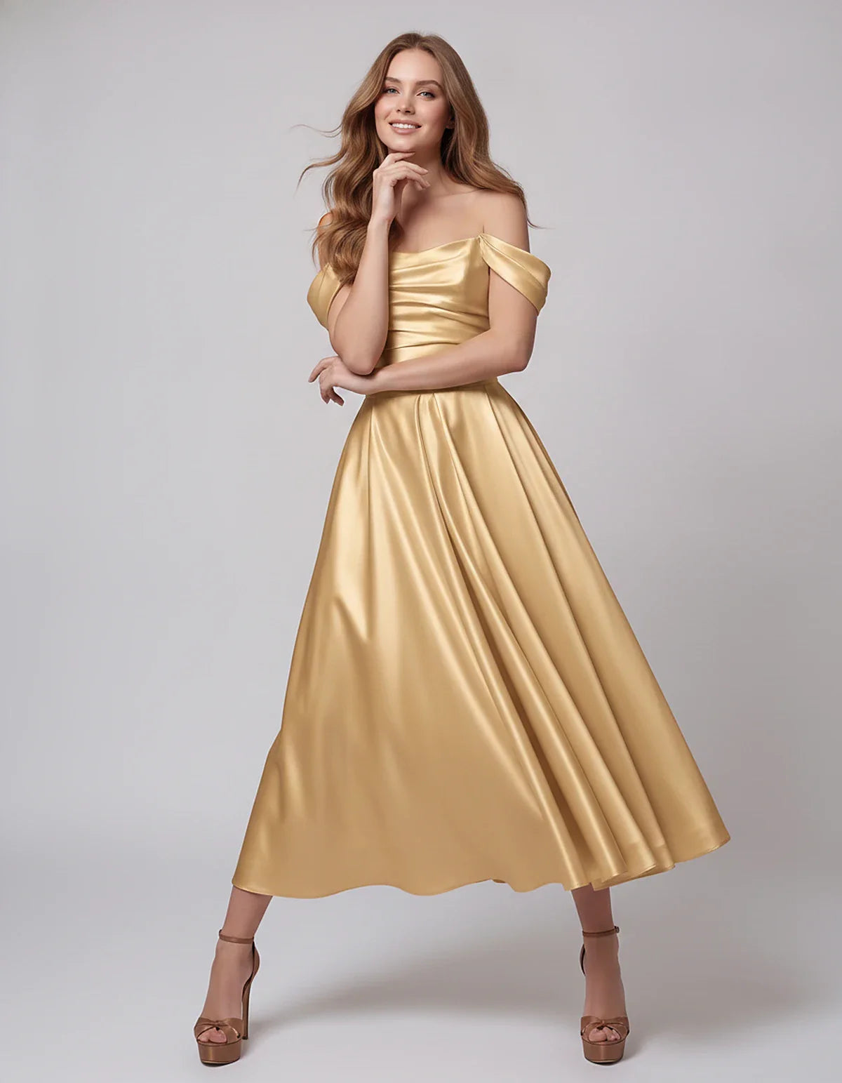 Satin Off Shoulder A-Line Midi Dress with Short Sleeves for Party, Cocktail, Evening, Wedding Guest, Summer Events and Formal | SKU: VM-582947163829405-CHAMPAGNE-L,VM-582947163829405-CHAMPAGNE-M,VM-582947163829405-CHAMPAGNE-S,VM-582947163829405-CHAMPAGNE-XL,VM-582947163829405-CHAMPAGNE-XS