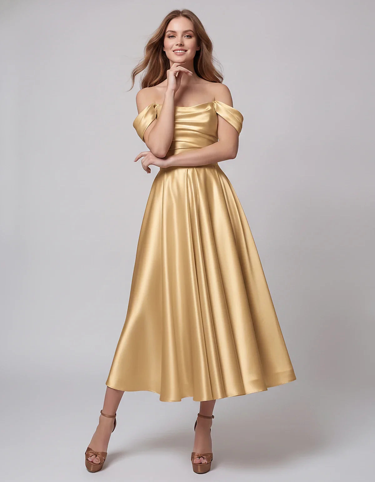 Satin Off Shoulder A-Line Midi Dress with Short Sleeves for Party, Cocktail, Evening, Wedding Guest, Summer Events and Formal | SKU: VM-582947163829405-CHAMPAGNE-L,VM-582947163829405-CHAMPAGNE-M,VM-582947163829405-CHAMPAGNE-S,VM-582947163829405-CHAMPAGNE-XL,VM-582947163829405-CHAMPAGNE-XS