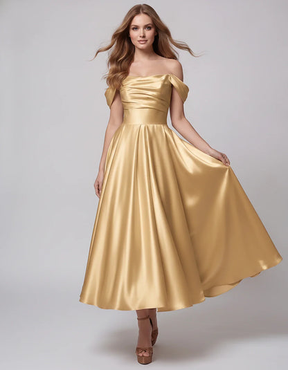 Satin Off Shoulder A-Line Midi Dress with Short Sleeves for Party, Cocktail, Evening, Wedding Guest, Summer Events and Formal | SKU: VM-582947163829405-CHAMPAGNE-L,VM-582947163829405-CHAMPAGNE-M,VM-582947163829405-CHAMPAGNE-S,VM-582947163829405-CHAMPAGNE-XL,VM-582947163829405-CHAMPAGNE-XS