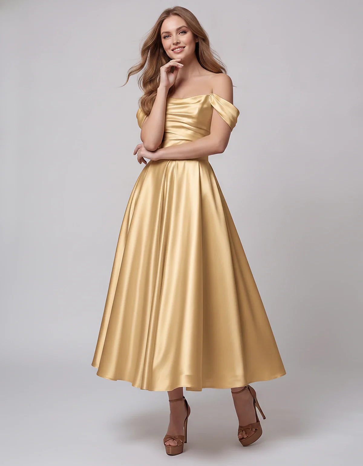 Satin Off Shoulder A-Line Midi Dress with Short Sleeves for Party, Cocktail, Evening, Wedding Guest, Summer Events and Formal | SKU: VM-582947163829405-CHAMPAGNE-L,VM-582947163829405-CHAMPAGNE-M,VM-582947163829405-CHAMPAGNE-S,VM-582947163829405-CHAMPAGNE-XL,VM-582947163829405-CHAMPAGNE-XS