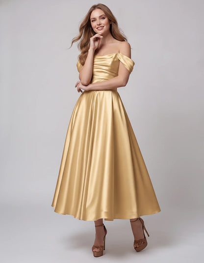 Satin Off Shoulder A-Line Midi Dress with Short Sleeves for Party, Cocktail, Evening, Wedding Guest, Summer Events and Formal | SKU: VM-582947163829405-CHAMPAGNE-L,VM-582947163829405-CHAMPAGNE-M,VM-582947163829405-CHAMPAGNE-S,VM-582947163829405-CHAMPAGNE-XL,VM-582947163829405-CHAMPAGNE-XS