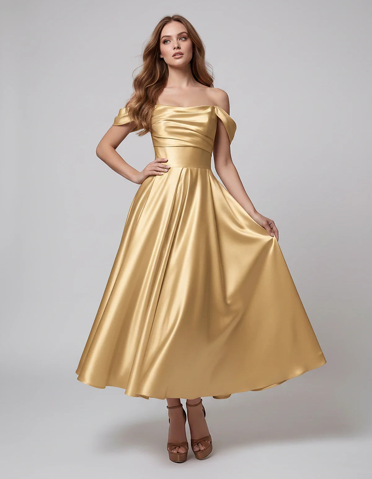 Satin Off Shoulder A-Line Midi Dress with Short Sleeves for Party, Cocktail, Evening, Wedding Guest, Summer Events and Formal | SKU: VM-582947163829405-CHAMPAGNE-L,VM-582947163829405-CHAMPAGNE-M,VM-582947163829405-CHAMPAGNE-S,VM-582947163829405-CHAMPAGNE-XL,VM-582947163829405-CHAMPAGNE-XS