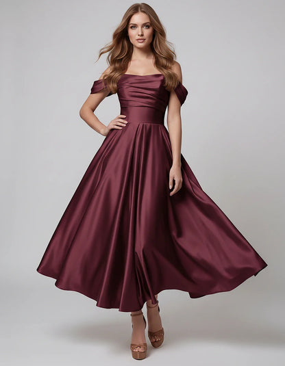 Satin Off Shoulder A-Line Midi Dress with Short Sleeves for Party, Cocktail, Evening, Wedding Guest, Summer Events and Formal | SKU: VM-582947163829405-BURGUNDY-L,VM-582947163829405-BURGUNDY-M,VM-582947163829405-BURGUNDY-S,VM-582947163829405-BURGUNDY-XL,VM-582947163829405-BURGUNDY-XS