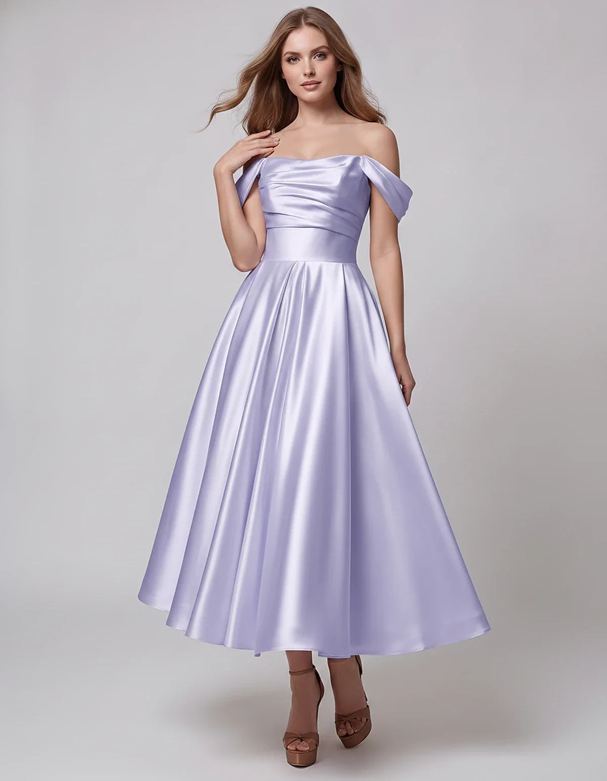 Satin Off Shoulder A-Line Midi Dress with Short Sleeves for Party, Cocktail, Evening, Wedding Guest, Summer Events and Formal | SKU: VM-582947163829405-LAVENDER-L,VM-582947163829405-LAVENDER-M,VM-582947163829405-LAVENDER-S,VM-582947163829405-LAVENDER-XL,VM-582947163829405-LAVENDER-XS