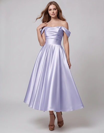 Satin Off Shoulder A-Line Midi Dress with Short Sleeves for Party, Cocktail, Evening, Wedding Guest, Summer Events and Formal | SKU: VM-582947163829405-LAVENDER-L,VM-582947163829405-LAVENDER-M,VM-582947163829405-LAVENDER-S,VM-582947163829405-LAVENDER-XL,VM-582947163829405-LAVENDER-XS