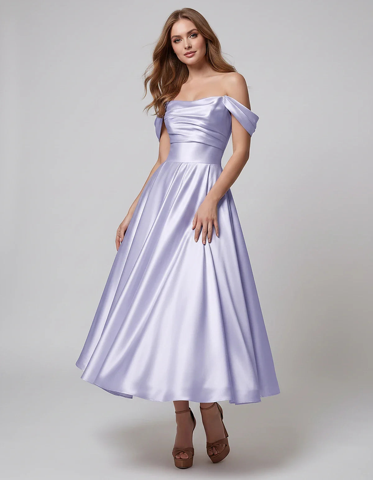 Satin Off Shoulder A-Line Midi Dress with Short Sleeves for Party, Cocktail, Evening, Wedding Guest, Summer Events and Formal | SKU: VM-582947163829405-LAVENDER-L,VM-582947163829405-LAVENDER-M,VM-582947163829405-LAVENDER-S,VM-582947163829405-LAVENDER-XL,VM-582947163829405-LAVENDER-XS